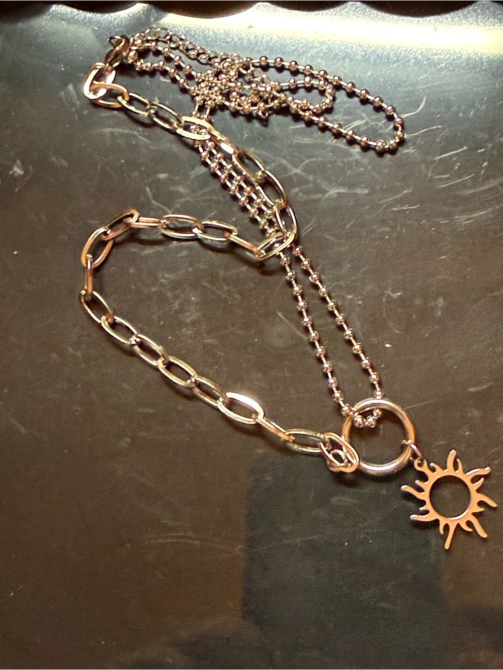 Sunburst Pendant Layered Necklace - Stainless